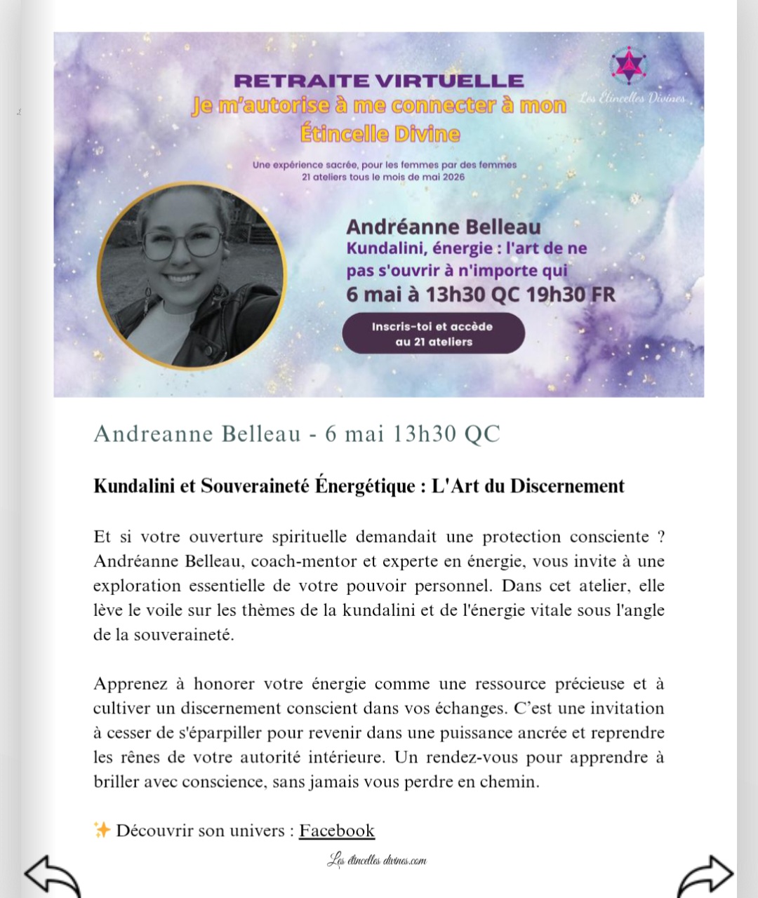 Affiche de la Retraite virtuelle Les Étincelles Divines, atelier d'Andréanne Belleau